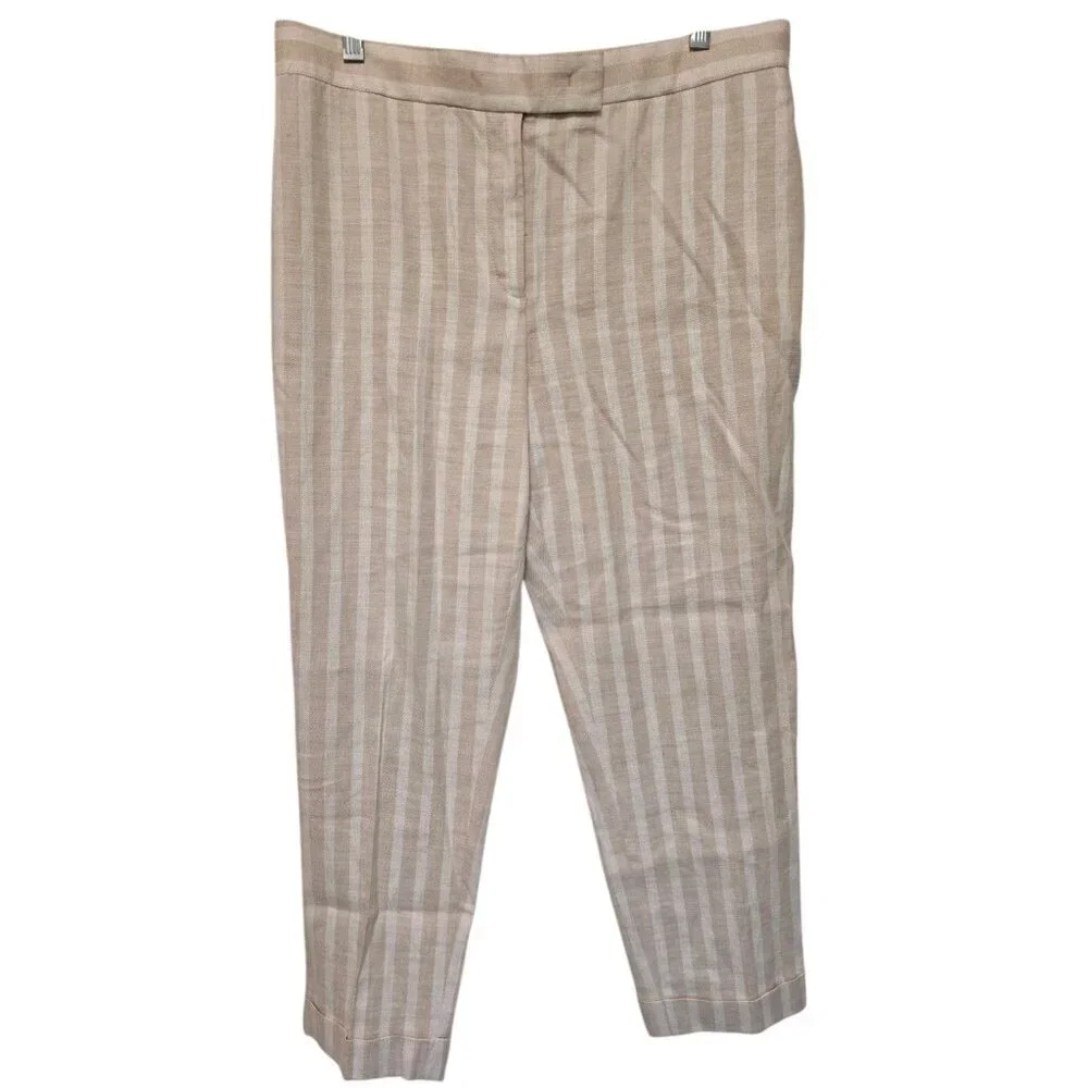 Ann‎ Taylor Devin Ankle Tailored Pants Size 14 Linen Blend Beige Stripes